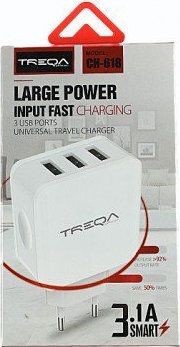 Treqa Ladegerät ohne Kabel mit 3 USB-A Anschlüsse Weißs (CH-618)