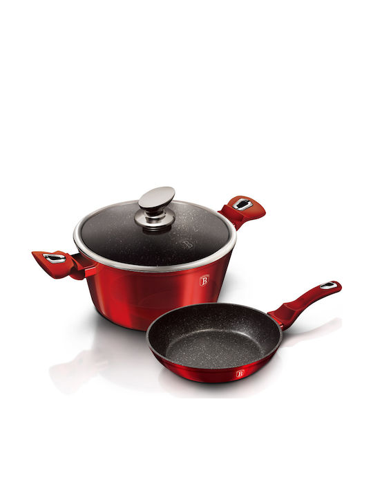 Berlinger Haus Metallic Line Cookware Set of Aluminum with Stone Coating Burgundy Collection 3pcs