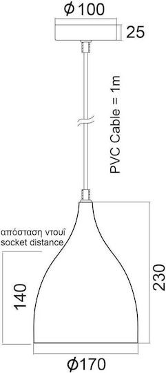 Aca Roxanne Κρεμαστό Φωτιστικό Μαύρο Καμπάνα με Ντουί E27 17x123εκ.
