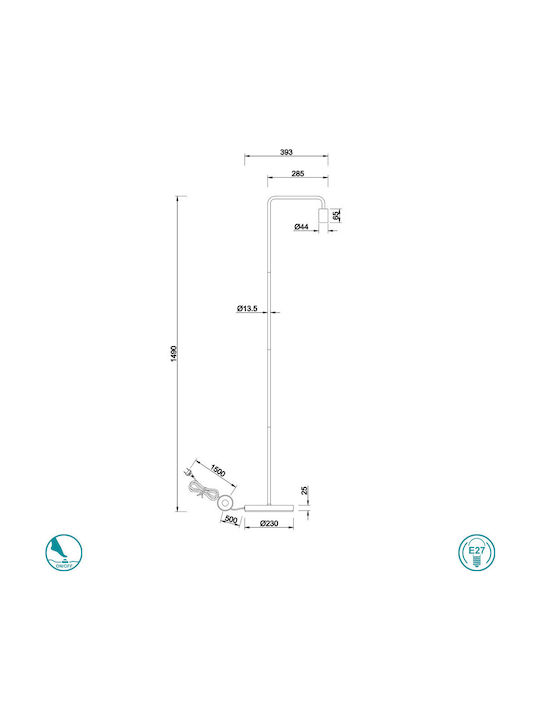 Trio Lighting Diallo Винтидж Подова Лампа В149xД39см. с Цокъл за Крушка E27 Черен