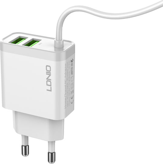 Ldnio Φορτιστής με 2 Θύρες USB-A και Καλώδιο Lightning 15.5W Λευκός (A321)