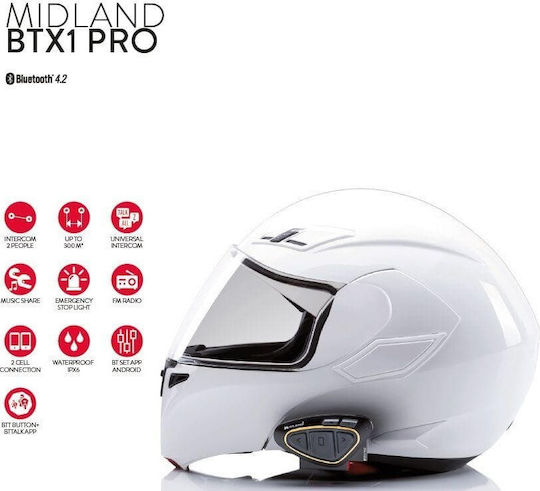 Midland BTX1 Pro Μονή Ενδοεπικοινωνία για Κράνος Μηχανής με Bluetooth