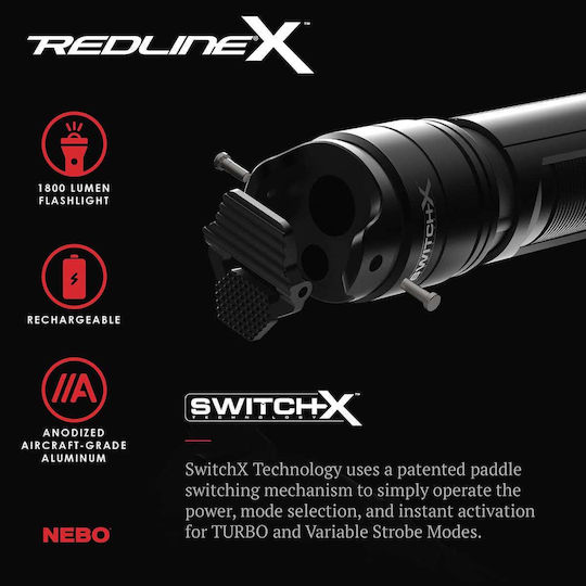 Nebo Επαναφορτιζόμενος Φακός LED IPX7 με Μέγιστη Φωτεινότητα 1800lm RedlineX