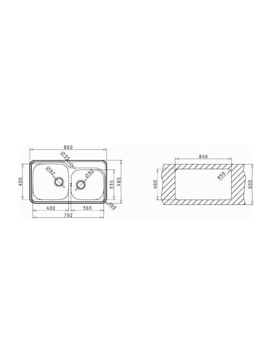 Pyramis Space Mid 2B Ένθετος Νεροχύτης Αριστερός Inox Σατινέ Μ86xΠ48cm Ασημί
