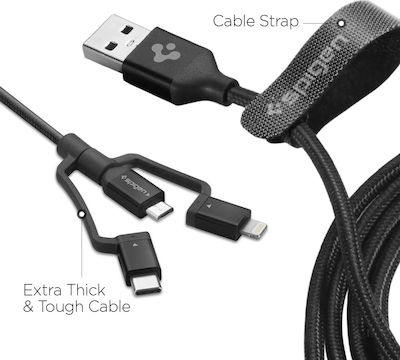 Spigen C10i3 3-in-1 Cable Geflochten USB zu Blitzschlag / Typ-C / Micro-USB Kabel 3A Schwarz 1.5m (000CB22774)