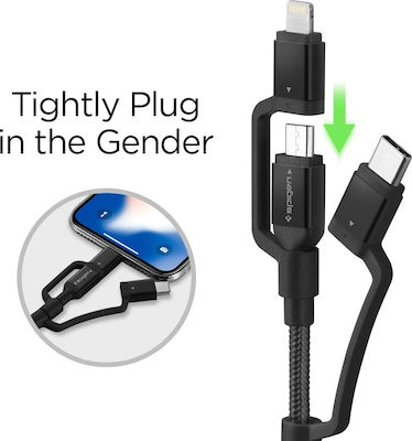 Spigen C10i3 3-in-1 Cable Geflochten USB zu Blitzschlag / Typ-C / Micro-USB Kabel 3A Schwarz 1.5m (000CB22774)