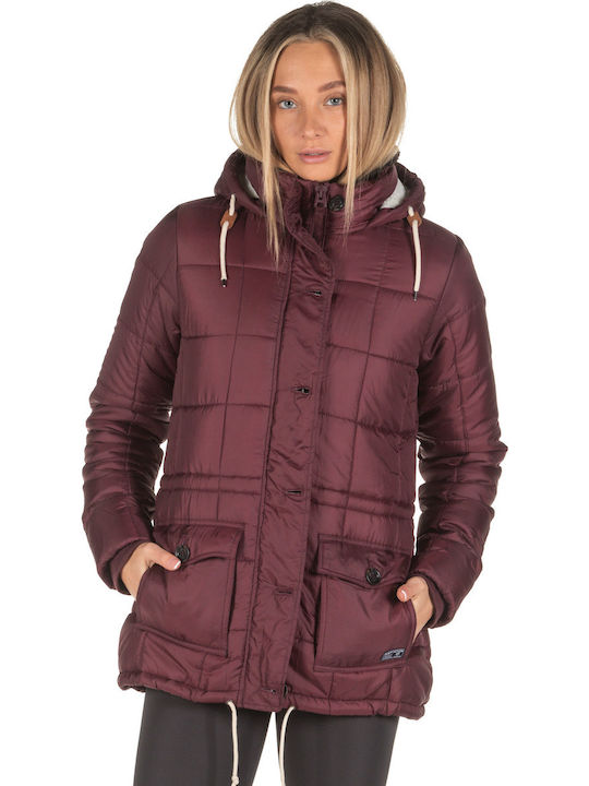 Women's Short Puffer Jacket for Winter with Hood Burgundy