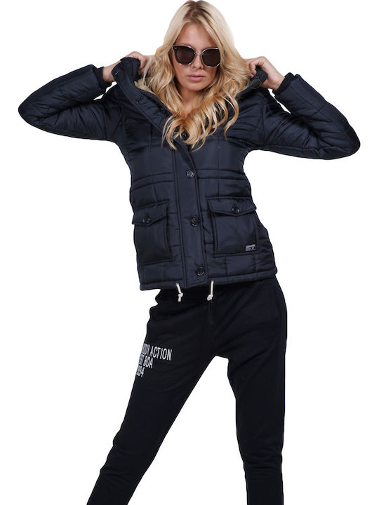 Body Action Women's Short Puffer Jacket for Winter with Hood Black