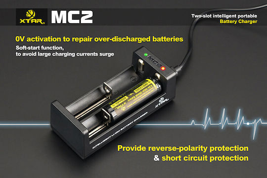 XTAR MC2 USB Charger 2 Batteries Li-ion Size 18650/16340/26650/14500 Set with micro USB