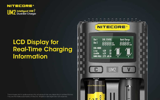NiteCore UM2 USB Charger 2 Batteries Li-ion/Ni-Cd/Ni-MH Size AA/AAA/D/18650/16340/26650/14500