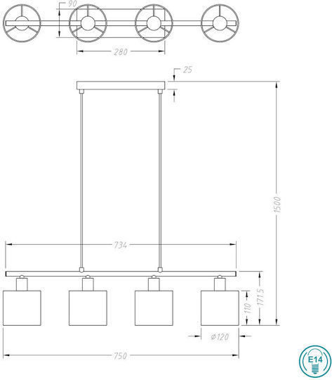 Trio Lighting Tommy Pendant Light White Rail for 4 Bulbs E14, E.14 75cm