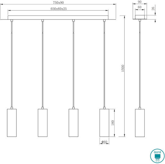 Trio Lighting Marley Pendant Light Silver Rail for 4 Bulbs GU10 75x150cm