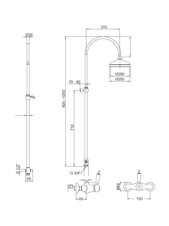 Bugnatese Oxford Adjustable Shower Column with Bathtub Mixer 92-125cm Silver
