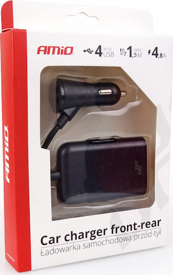 AMiO Încărcător Auto 4.8A cu Porturi: 4xUSB împreună cu Cablu Integrat Negru Culoare