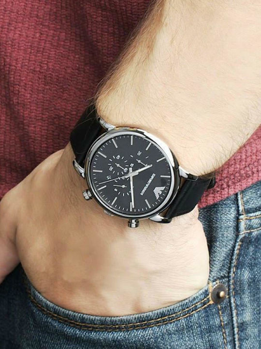 Emporio Armani Luigi Men's Watch 46mm Chronograph Battery with Black Leather Strap