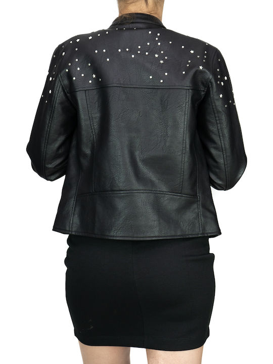 Pepe Jeans Star Women's Short Biker Artificial Leather Jacket for Winter Black