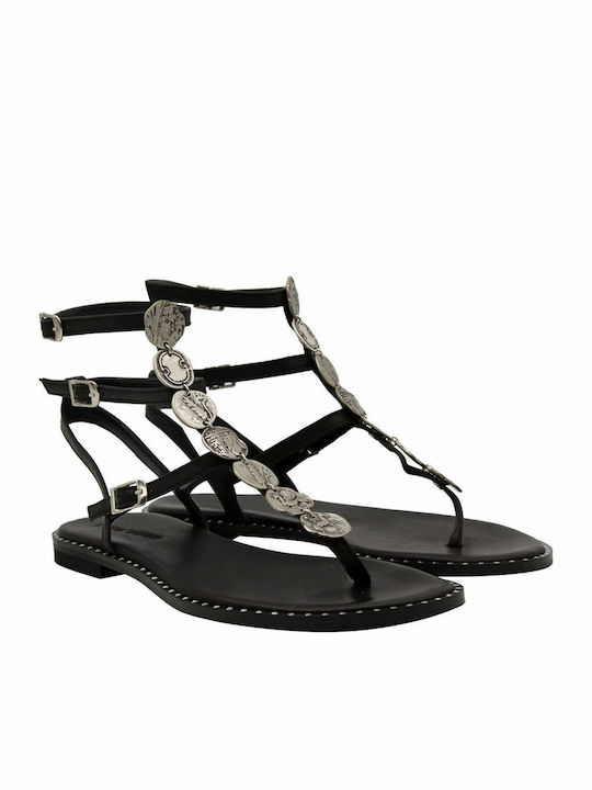 Makis Kotris Leather Women's Flat Sandals in Black Color K-750