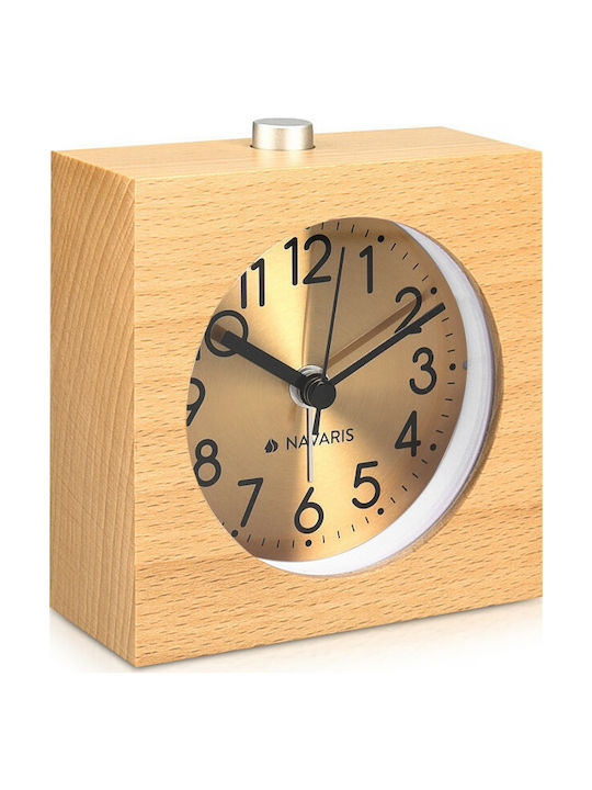 Navaris Analogue Wood Alarm Clock Design Square - Αναλογικό Επιτραπέζιο Ρολόι και Ξυπνητήρι - Gold / Light Brown - 46229.24