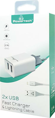 Powertech Charger with 2 USB-A Ports and Cable Lightning Whites (PT-777)