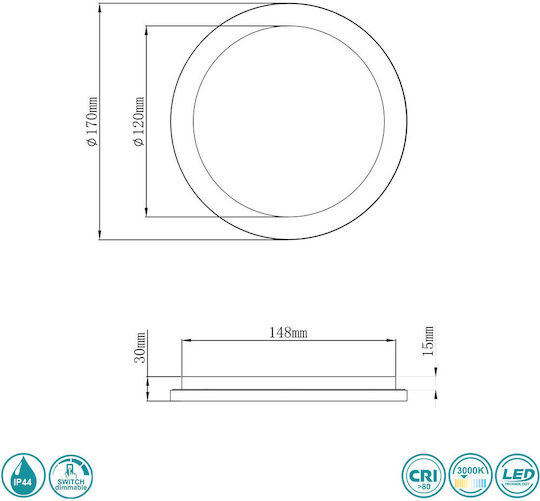 Trio Lighting Camillus Rund Draußen LED Panel 10W mit Warmes Weiß Licht 3000K