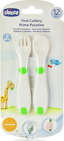 Chicco Baby Set with Fork Baby's First Spoon made of Silicone for 12+ months Green 2pcs