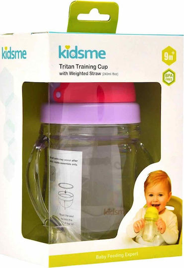 Kidsme Бебешка чаша с дръжки и сламка от пластмаса Розов 240мл за 9m+m+
