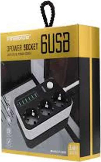 Fineblue F-I900 Power Strip with Surge Protection 3 Positions with 6 USB-A, Switch and Cable 1.6m