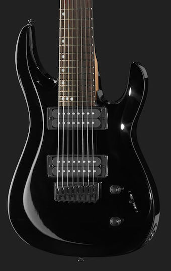 Harley Benton R-458 Електрическа Китара 8 Струни Stratocaster с HH Магнитна Конфигурация Висок Гланц Черен