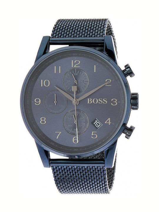 Boss Navigator Ανδρικό Ρολόι 43mm Χρονογράφος Μπαταρίας με Μπλε Μεταλλικό Μπρασελέ