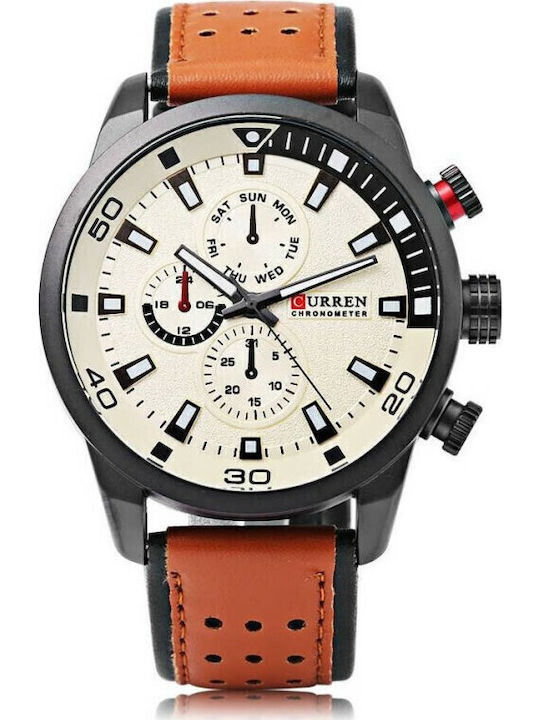 Curren Men's Watch 48mm Chronograph Battery with Leather Strap Brown / White