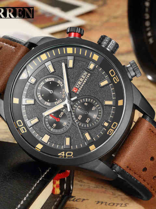 Curren Men's Watch 42mm Chronograph Battery with Brown Leather Strap