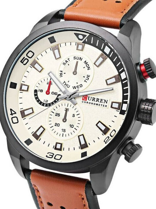 Curren Men's Watch 48mm Chronograph Battery with Leather Strap Brown / White