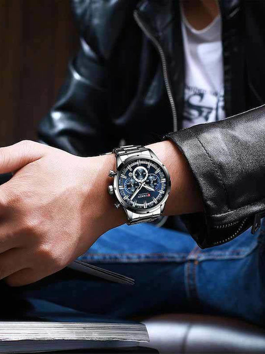 Curren Ανδρικό Ρολόι 45mm Χρονογράφος Μπαταρίας με Μεταλλικό Μπρασελέ Silver/Blue