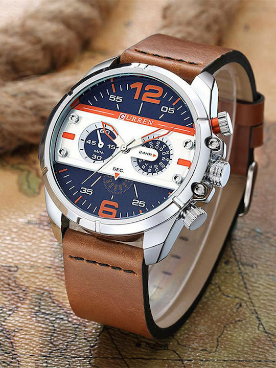 Curren Men's Watch 48mm Chronograph Battery with Leather Strap Brown / Blue / White