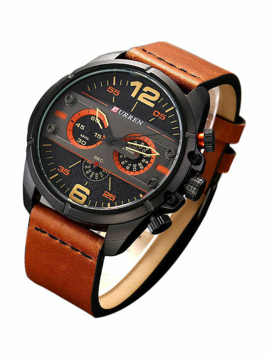 Curren Herrenuhr 46mm Chronograph Batterie mit Lederarmband Gun metal / Tabac