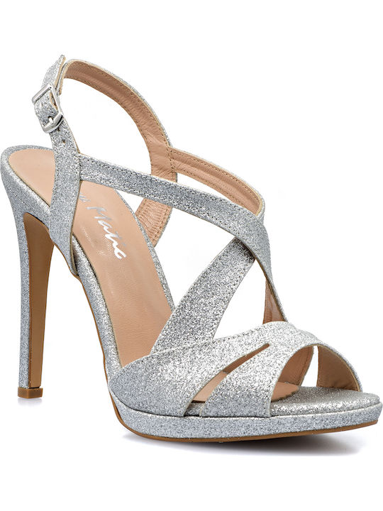 New Matic Platform Women's Sandals 071 with Strass Silver with Thin High Heel