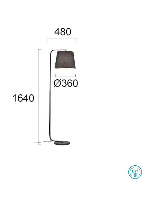 Viokef Cobbe Floor Lamp Height 164x48cm with E27 Lamp Bulb Base Black