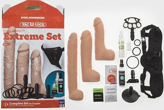 Vac U Lock Dual Density Extreme Set Harnașament cu Dildo în Culoare Flesh 3buc