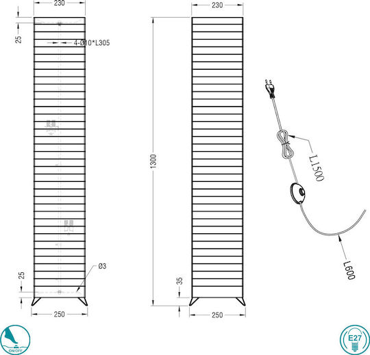 Trio Lighting Bamboo Подова Лампа В130xД25см. с Цокъл за Крушка E27 Бял