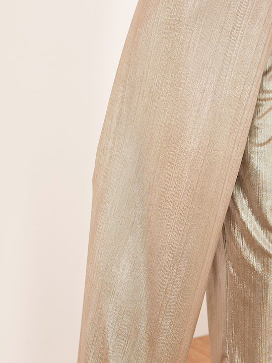 Women's Fabric Trousers with Elastic in Loose Fit Gold