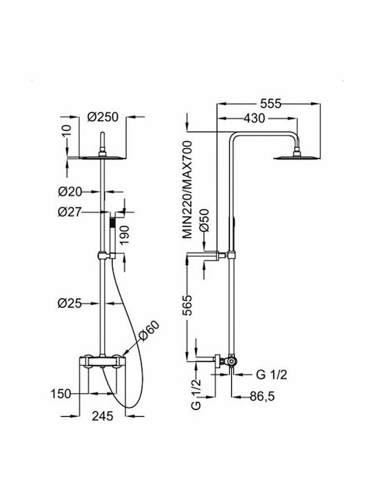Ottone Meloda Air Shower Column with Bathtub Mixer 126.5cm Silver