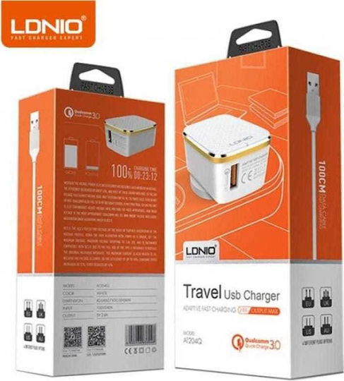 Ldnio Φορτιστής με Θύρα USB-A και Καλώδιο Lightning Quick Charge 3.0 Λευκός (A1204Q)