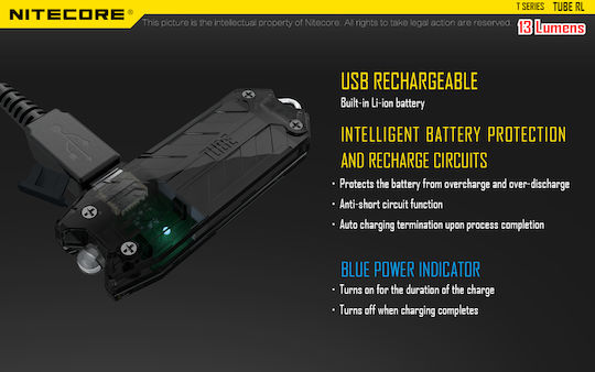 NiteCore Rechargeable Keychain Flashlight LED UV IP65 with Maximum Brightness 13lm Tube Rechargable RL Embedded Black