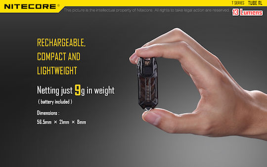 NiteCore Rechargeable Keychain Flashlight LED UV IP65 with Maximum Brightness 13lm Tube Rechargable RL Embedded Black
