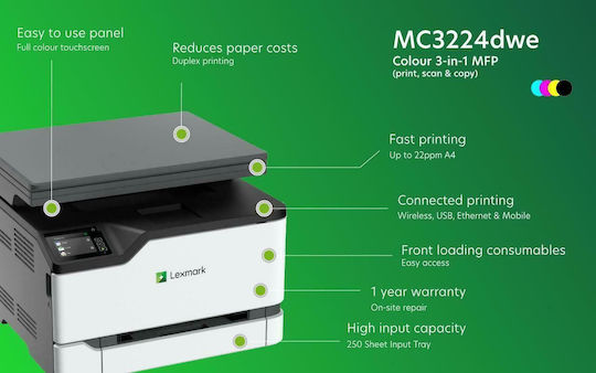 Lexmark MC3224dwe Έγχρωμο Πολυμηχάνημα Laser με WiFi και Mobile Print