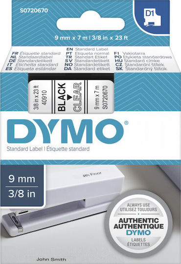 Dymo 40910 Label Maker Tape 7m x 9mm in Transparent Colour Compatible with Dymo D1 Dymo Rhino/IND
