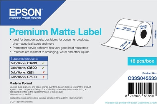 Epson Premium Matte 225 Αυτοκόλλητες Ετικέτες σε Ρολό για Εκτυπωτή Ετικετών 152x102mm