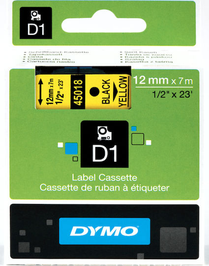Dymo 45018 Label Maker Tape 7m x 12mm in Yellow Colour Compatible with Dymo D1 Dymo Rhino/IND