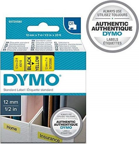 Dymo 45018 Label Maker Tape 7m x 12mm in Yellow Colour Compatible with Dymo D1 Dymo Rhino/IND