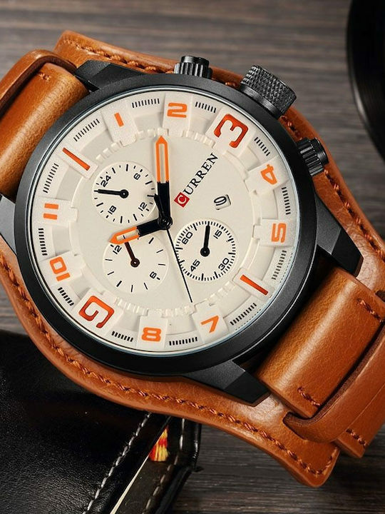 Curren Men's Watch 45mm Chronograph Battery with Leather Strap Brown / White